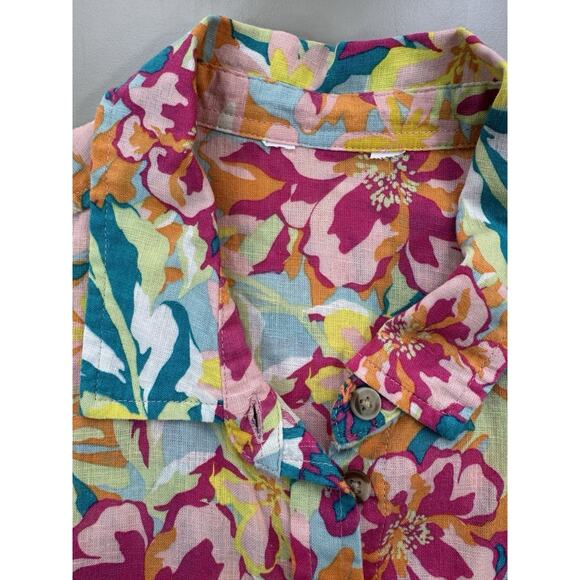 Womens Linen Floral Sleeveless Polo Large Lightweight Flowy Tropical Vacation - Picture 2 of 9